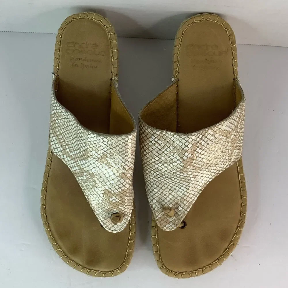 Andre Assous Snake Print Leather Wedge Espadrilles Summer Tan Sandal Sz US 9.5